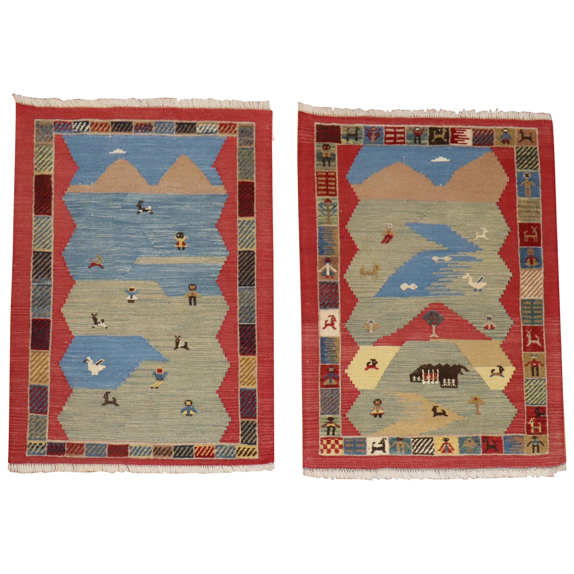 Folksy Set of Pictorial Persian Souf Gabbeh Carpets