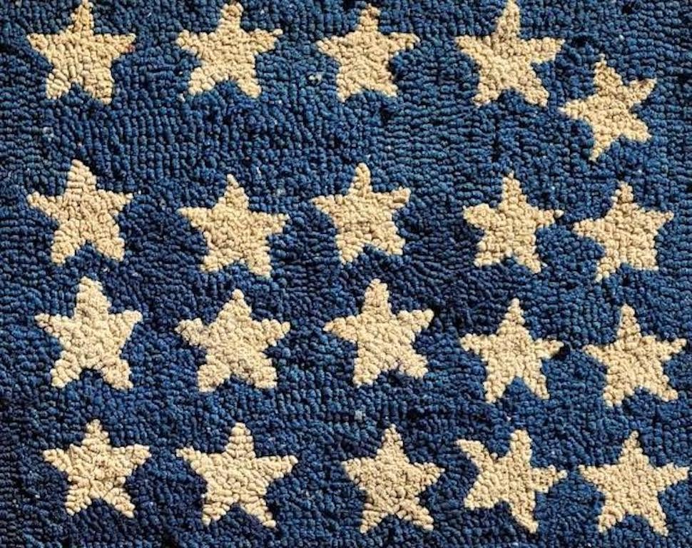 Adirondack Folky 19th C American Reverse Flag Hand Hooked Rug For Sale