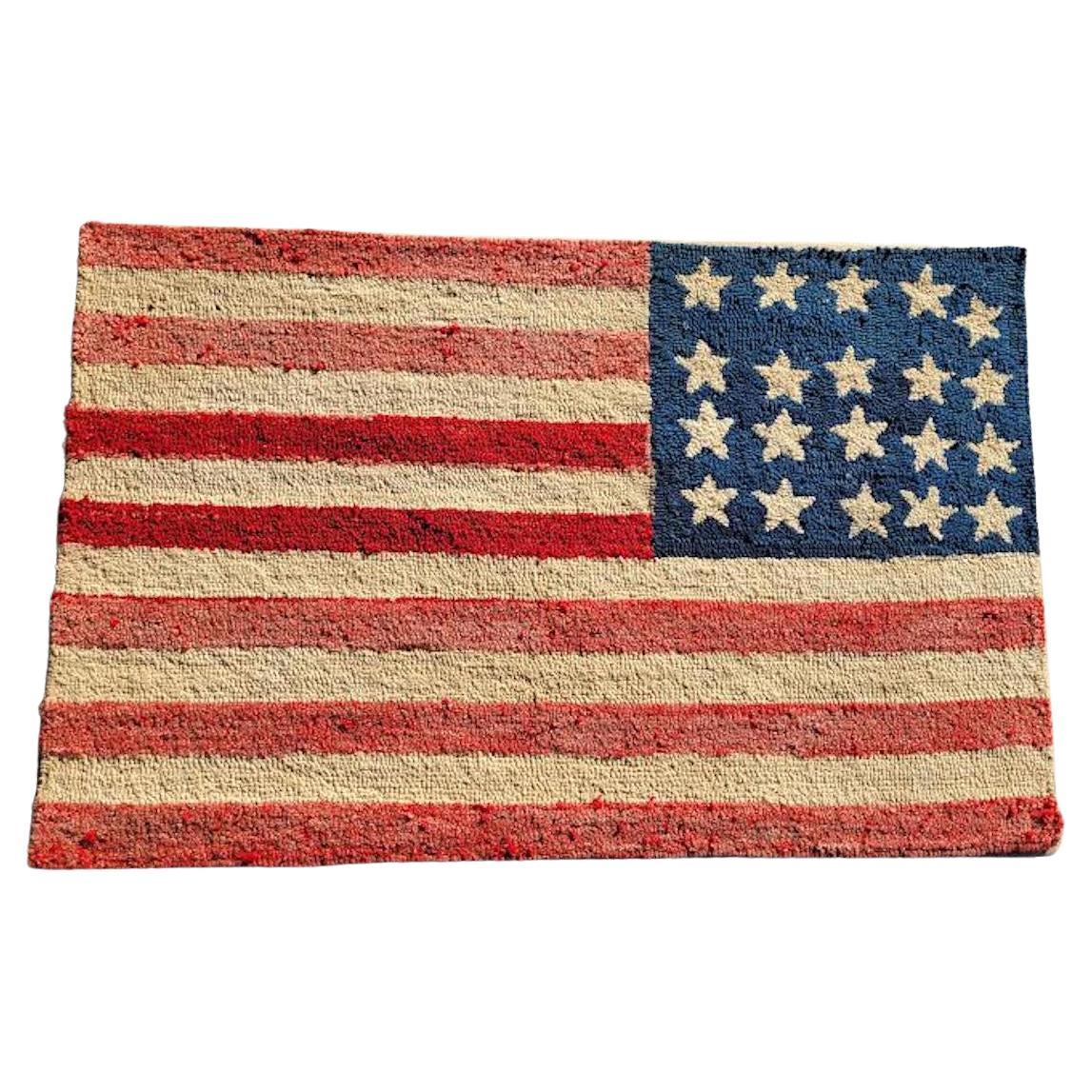Folky 19th C American Reverse Flag Hand Hooked Rug For Sale
