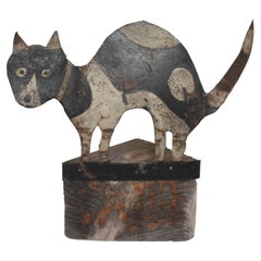 Antique Folky 19Thc Hand Made Tin Cat on Stand