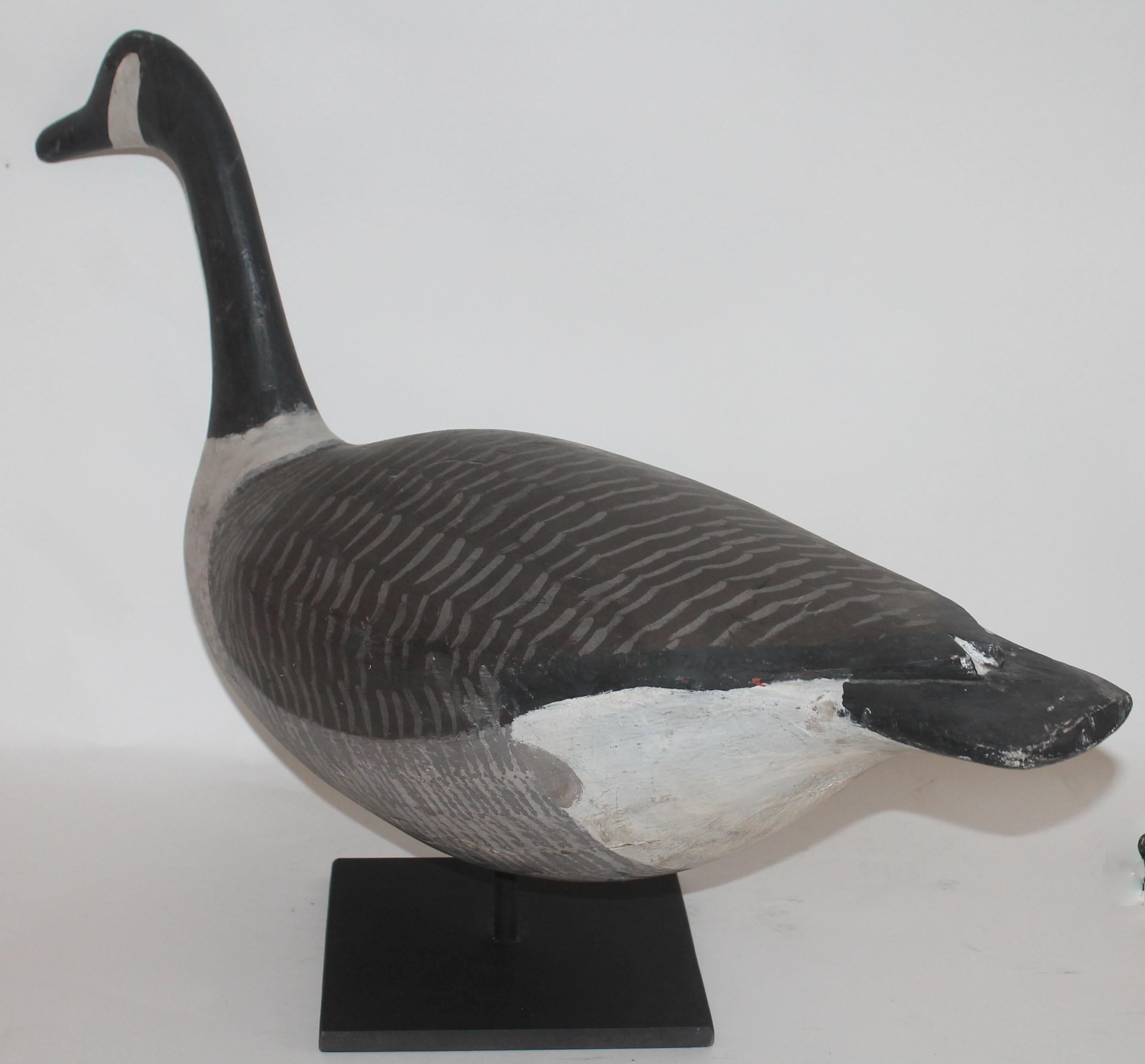 This fine original painted Canadian goose on stand is hand carved and painted. The paint is super and has a fine aged patina.