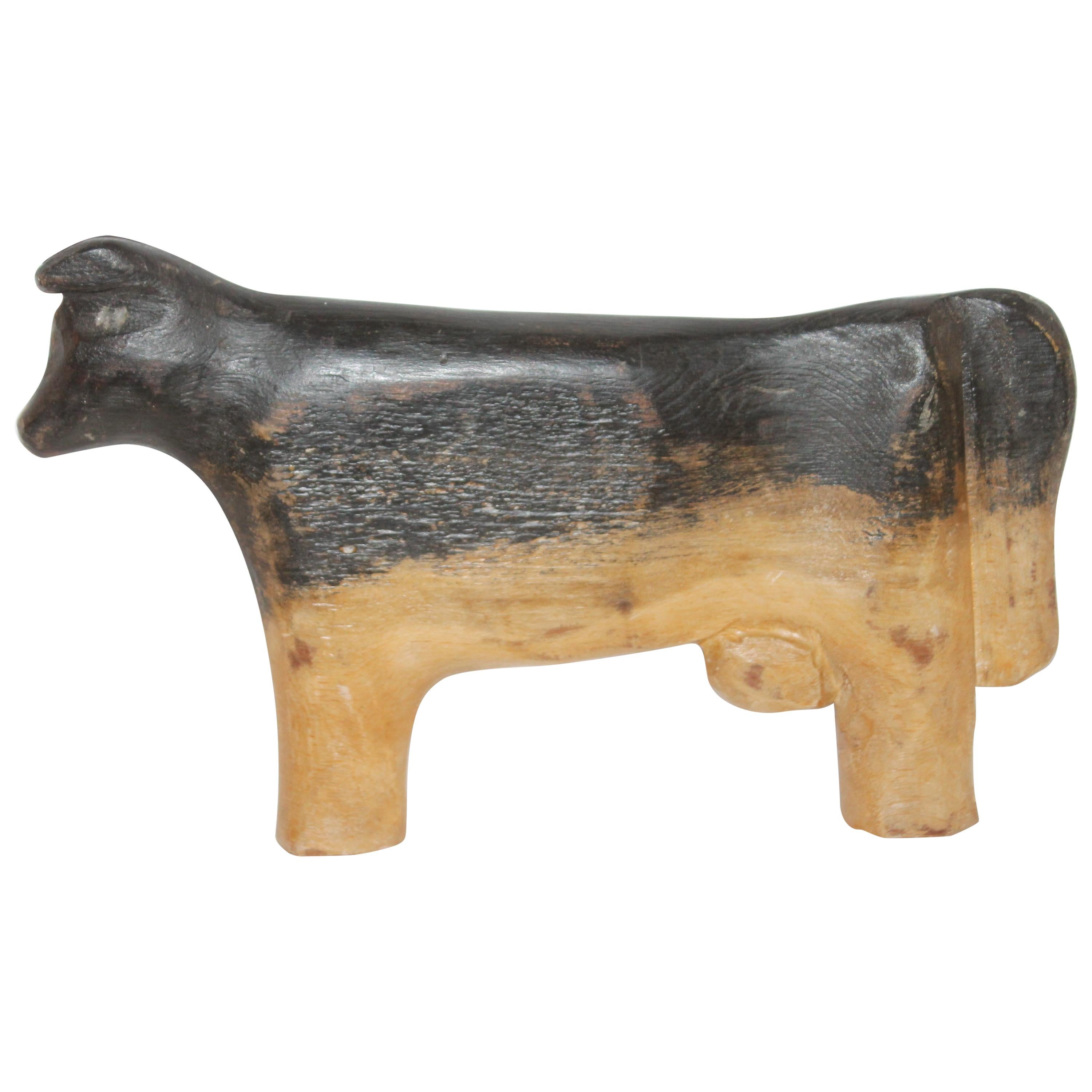 Folky Hand Carved Cow Signed and Dated For Sale