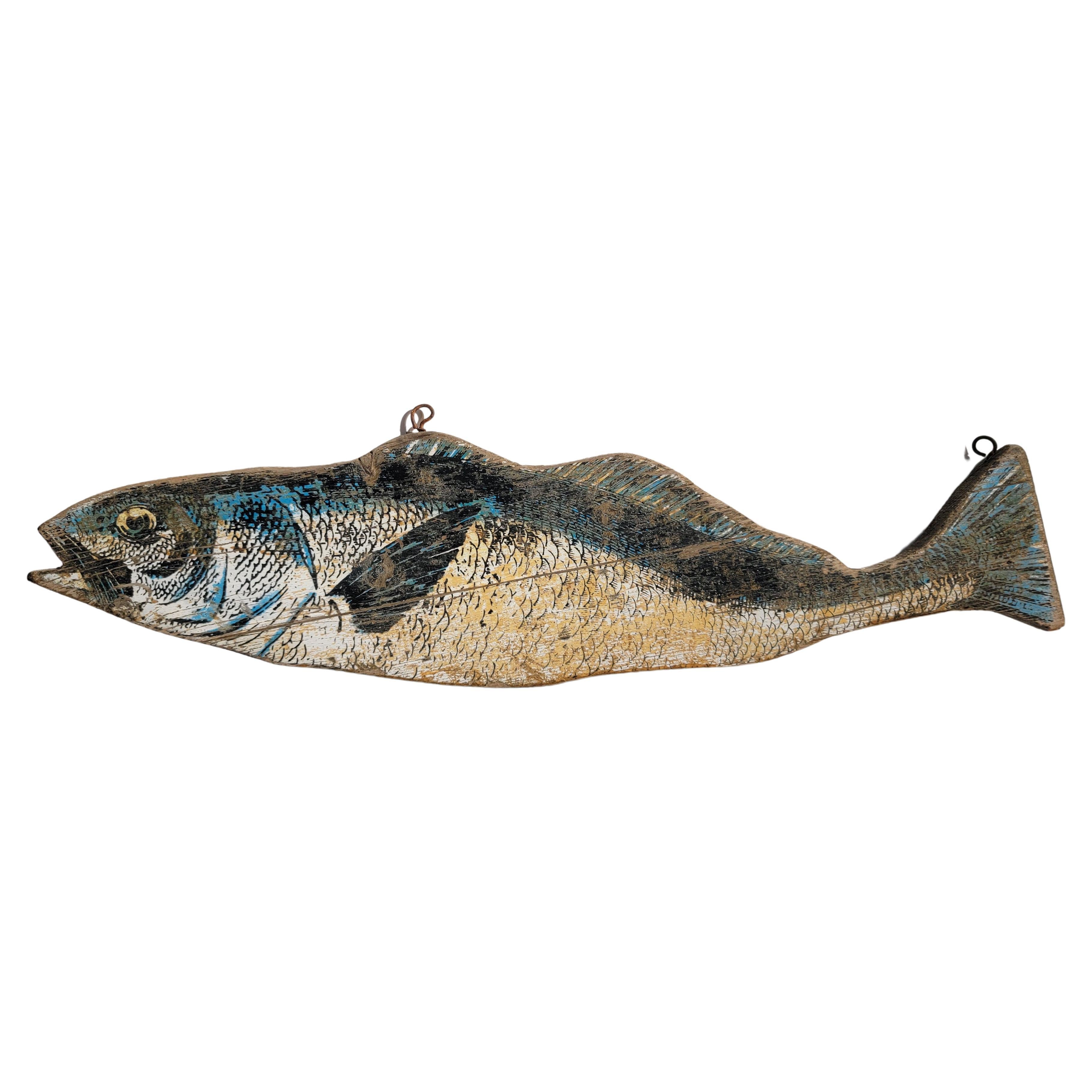 Folky Hand Carved & Painted Fish Sign For Sale