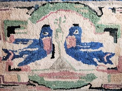 Folky Hand-Hooked Mounted Blue Birds Rug from Pennsylvania