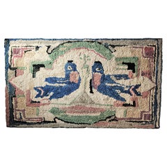 Folky Hand-Hooked Mounted Blue Birds Rug from Pennsylvania