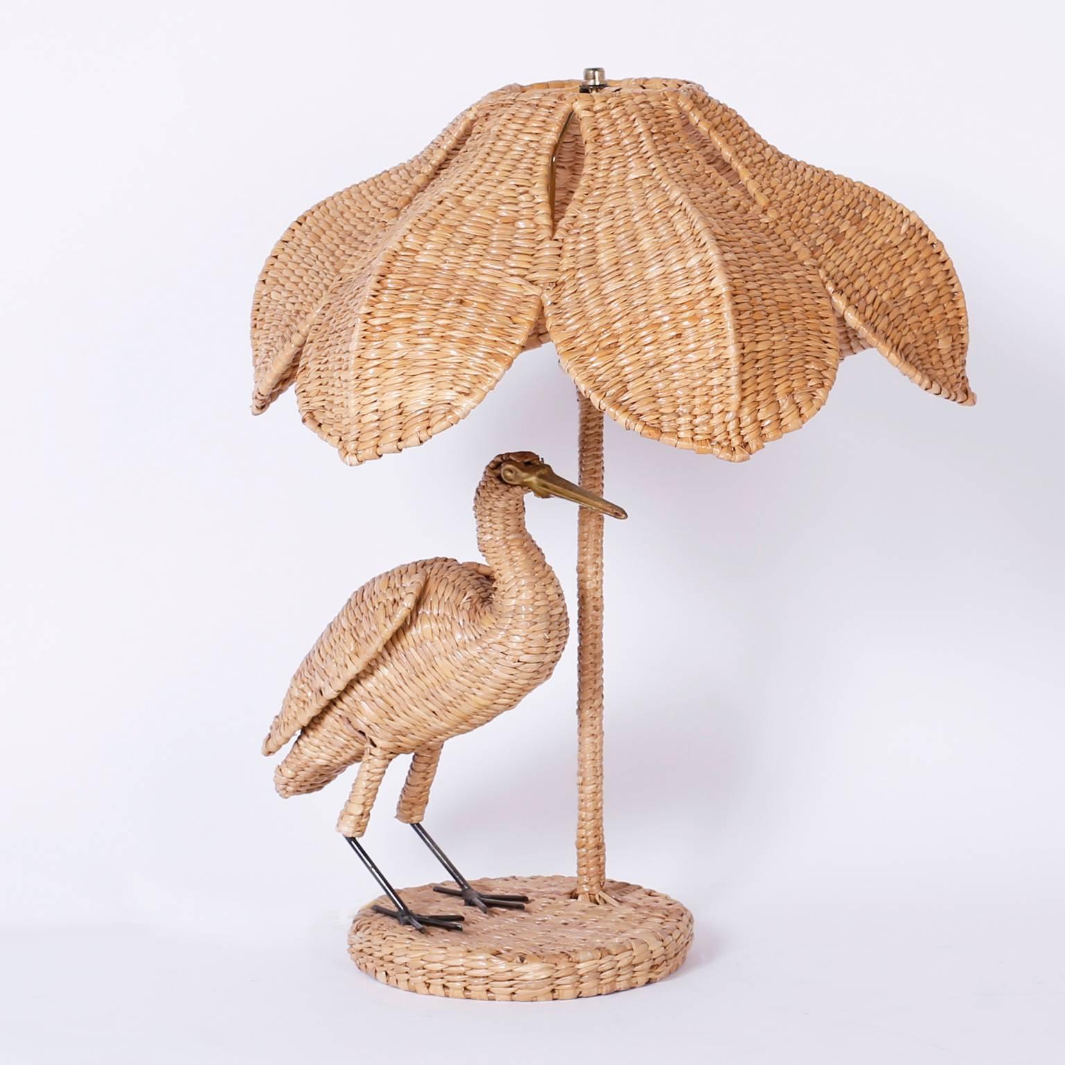 British Colonial Folky Pair of Mario Lopez Torres Wicker Egret Table Lamps
