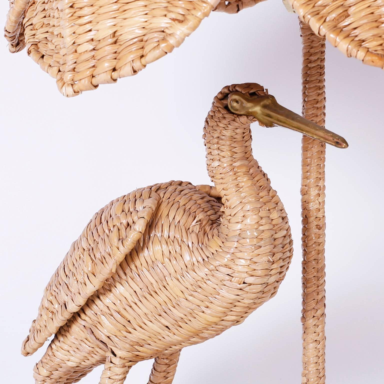 Hand-Woven Folky Pair of Mario Lopez Torres Wicker Egret Table Lamps
