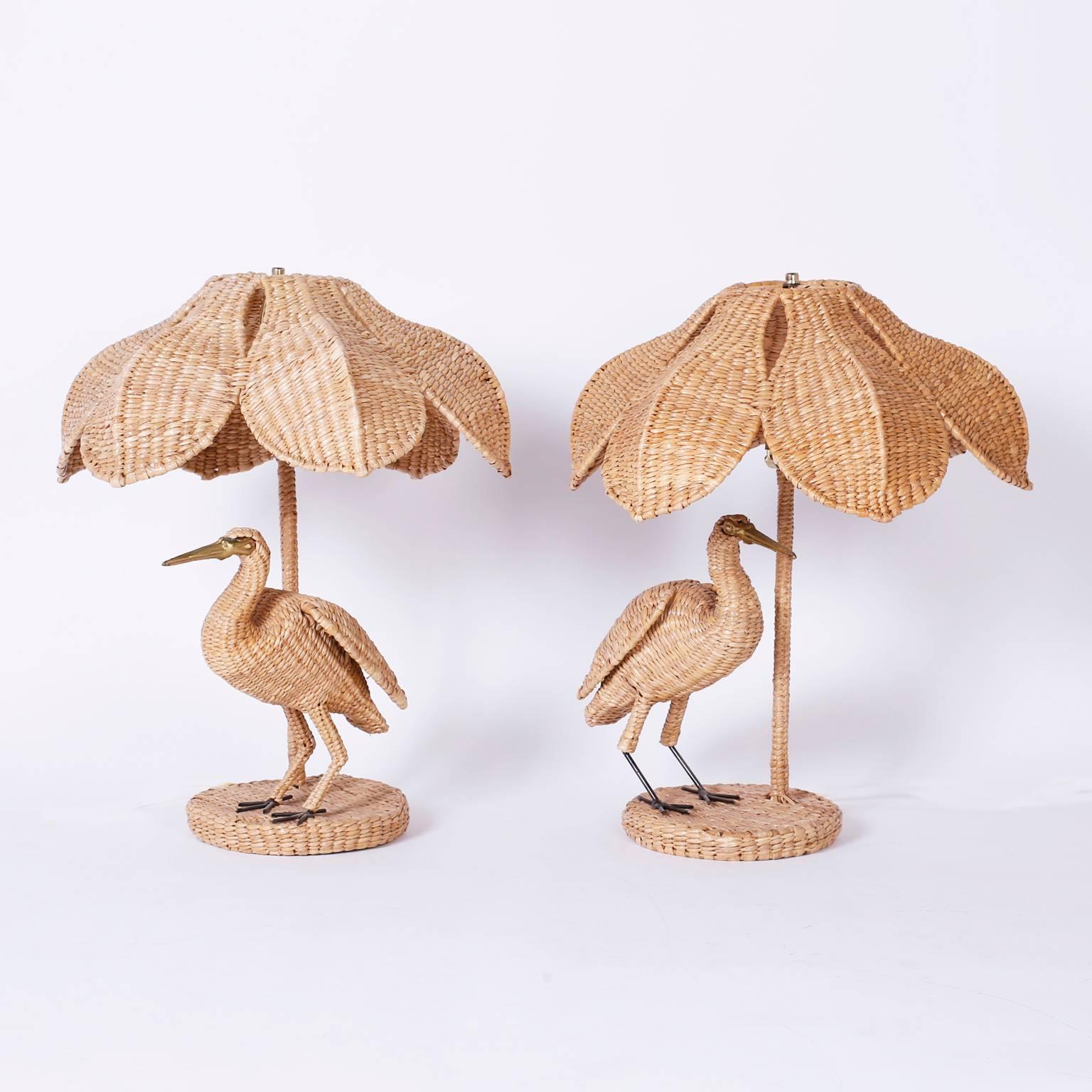 Folky Pair of Mario Lopez Torres Wicker Egret Table Lamps 1