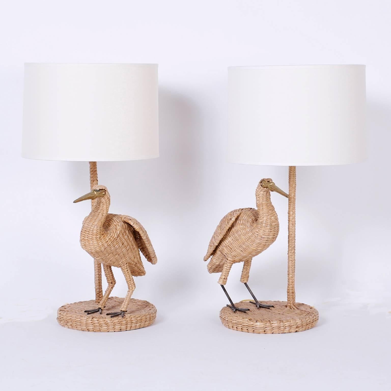 Folky Pair of Mario Lopez Torres Wicker Egret Table Lamps 2