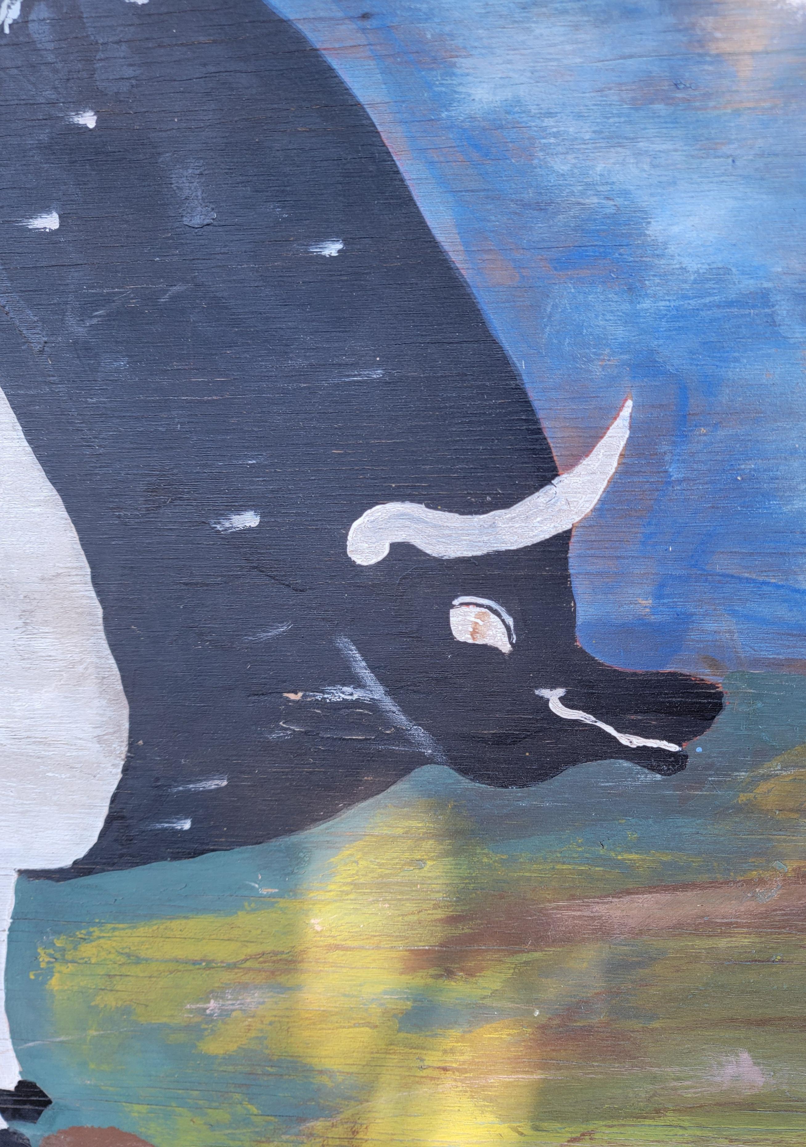 Cette amusante peinture de cochon folky est peinte sur un panneau de contreplaqué. Le dos est non peint et prêt à être accroché dans une maison ou un restaurant. Cette étonnante peinture d'art populaire a été trouvée dans une collection privée d'art