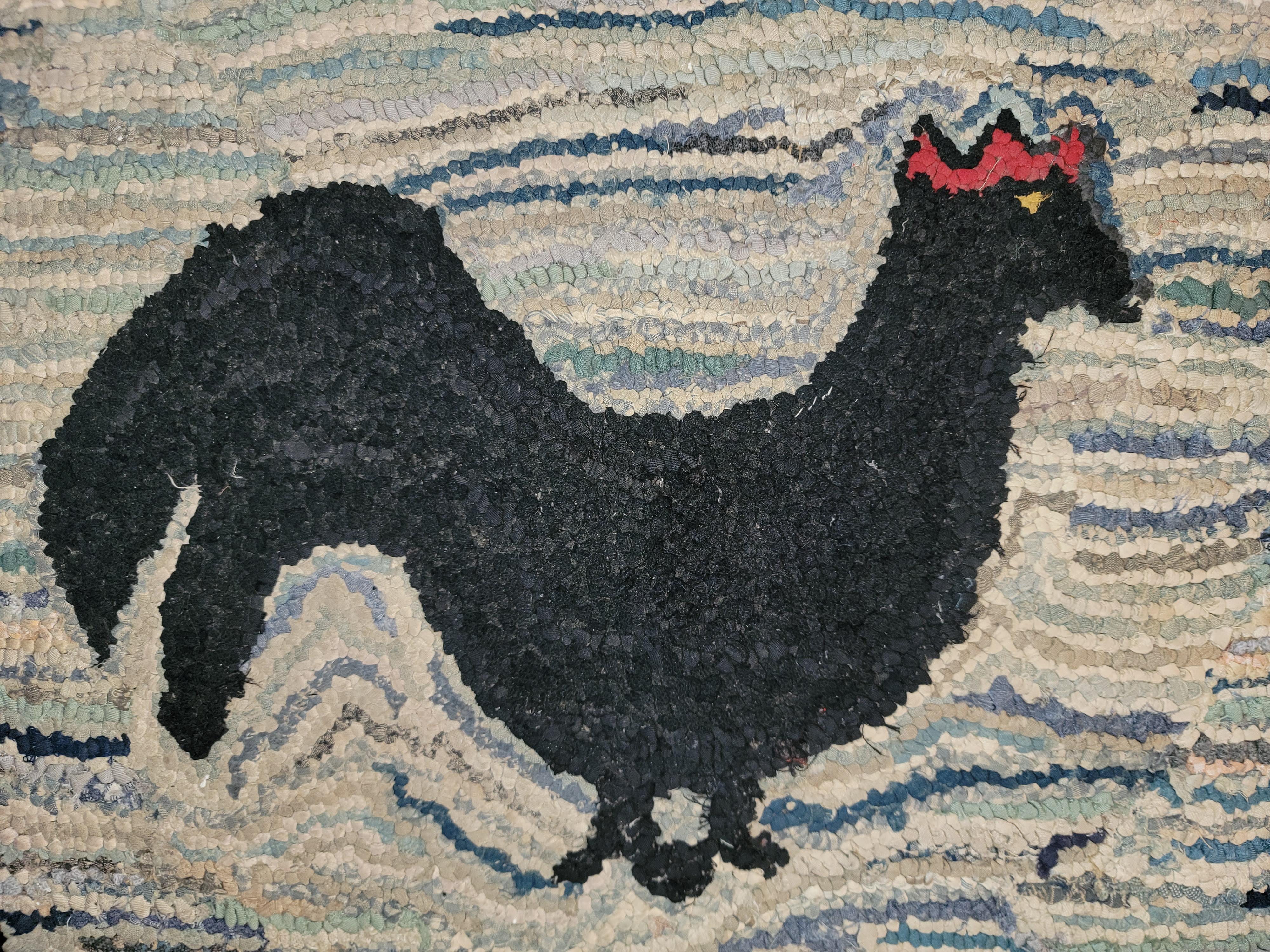 American Folky Rooster Hand Hooked Rug For Sale
