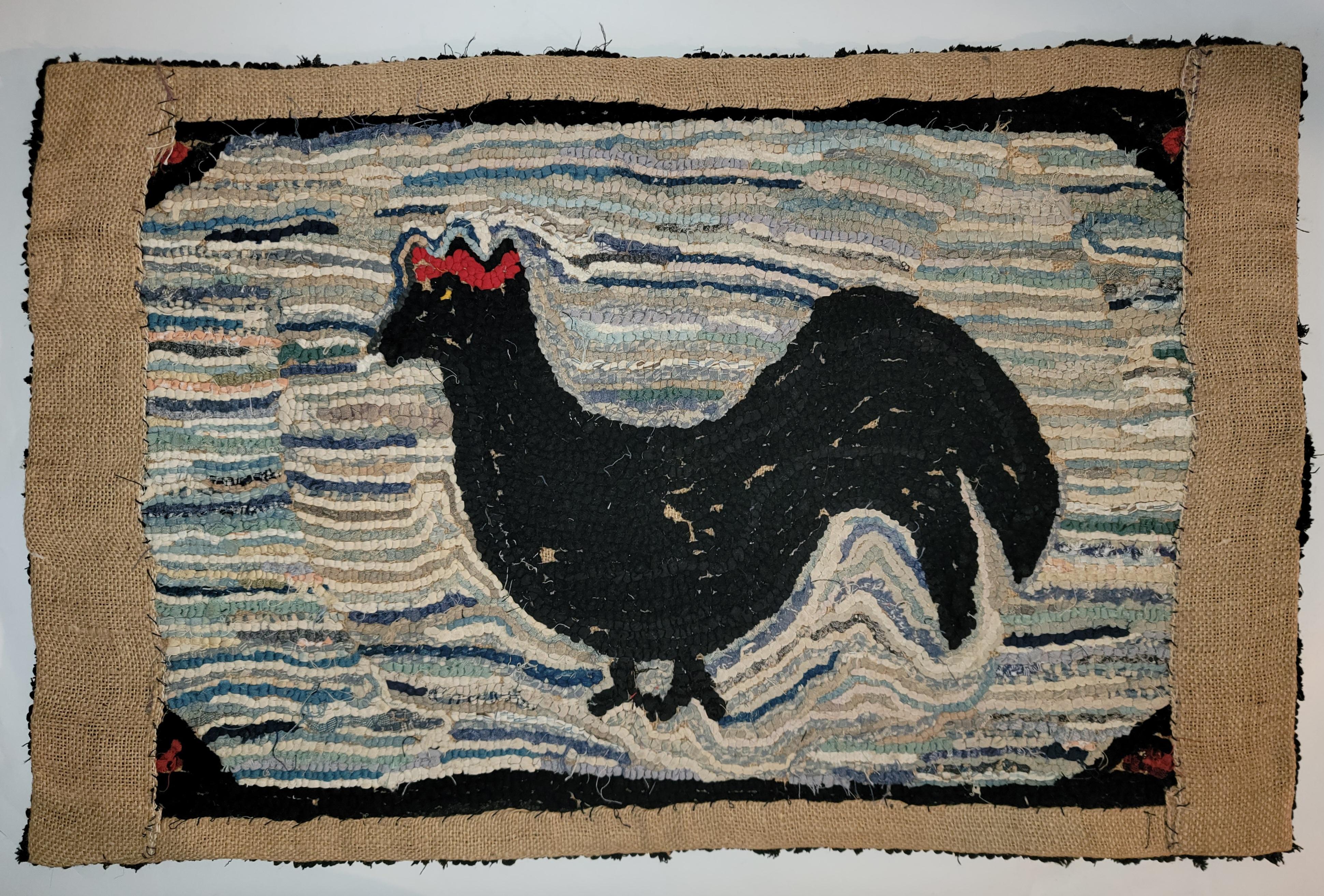 Hand-Crafted Folky Rooster Hand Hooked Rug For Sale