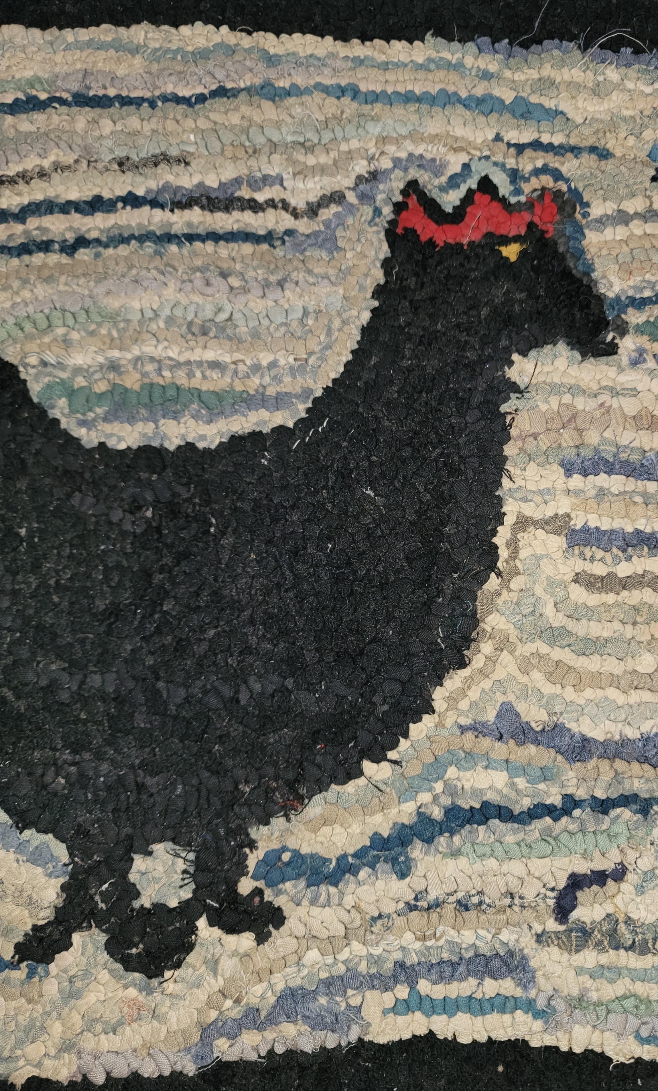 Folky Rooster Hand Hooked Rug In Good Condition For Sale In Los Angeles, CA