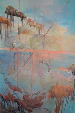 "Follow The Leader, " Large Blue Oil and Acrylic Painting by Renée Rey