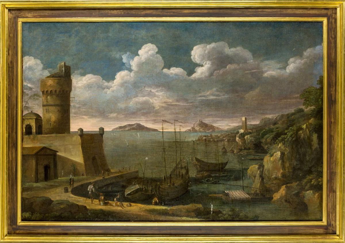Huge Early 1600's Italian Old Master Oil Busy Mediterranan Trading Port & Tower - Painting by (Follower of) Agostino Tassi
