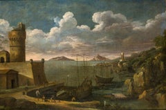 Huge Early 1600's Italian Old Master Oil Busy Mediterranan Trading Port & Tower