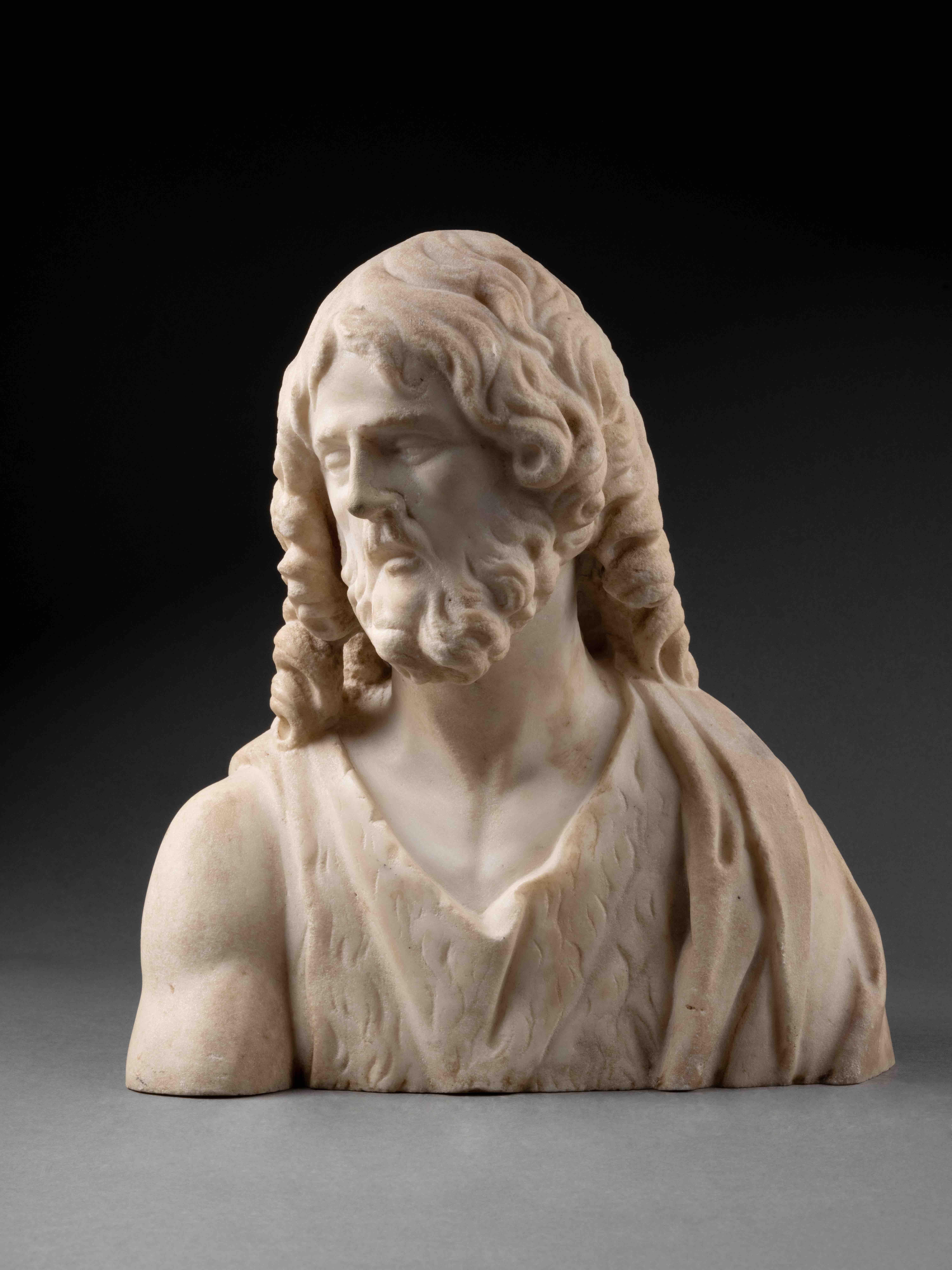 Follower of Andrea Sansovino (1460-1529)
Saint Jean the Baptist 
White marble
Tuscany, 16th century
24 x 23 x 10 cm
(Nose restored)

Saint John the Baptist was the last of the Old Testament prophets and the first saint of the New Testament. A