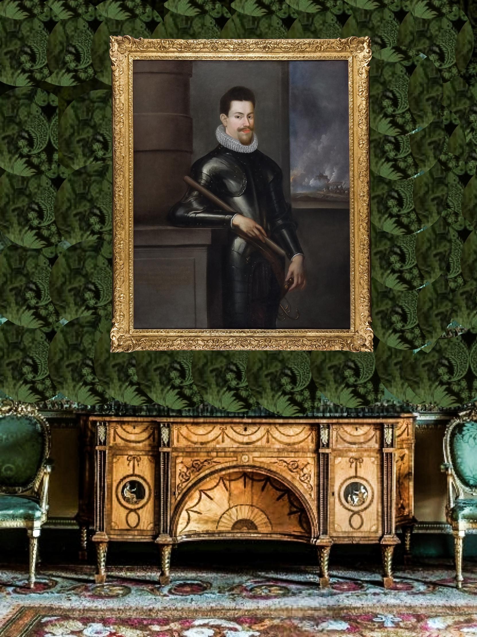 Portrait d'un gentilhomme en armure tenant un bâton, Manor House Provenance - Maîtres anciens Art par (Follower of) Anthony van Dyke