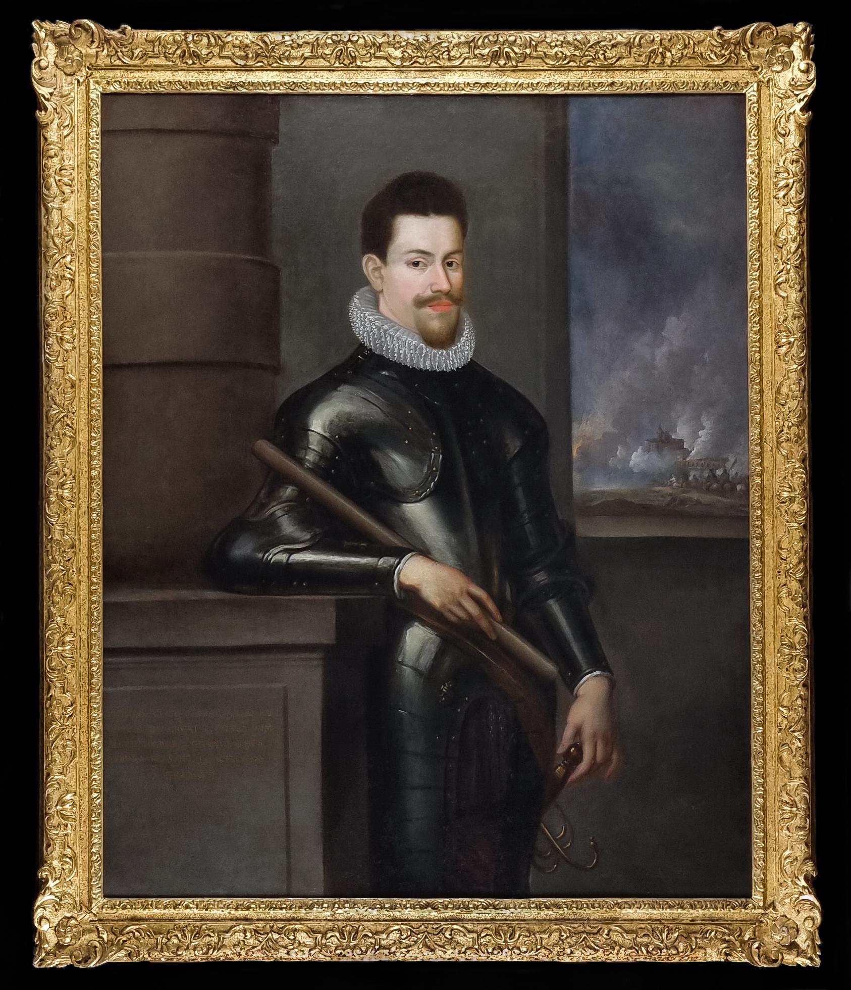 Porträt eines Gentleman in Wappen und hält einen Baton, Provenienz des Herrenhauses – Art von (Follower of) Anthony van Dyke