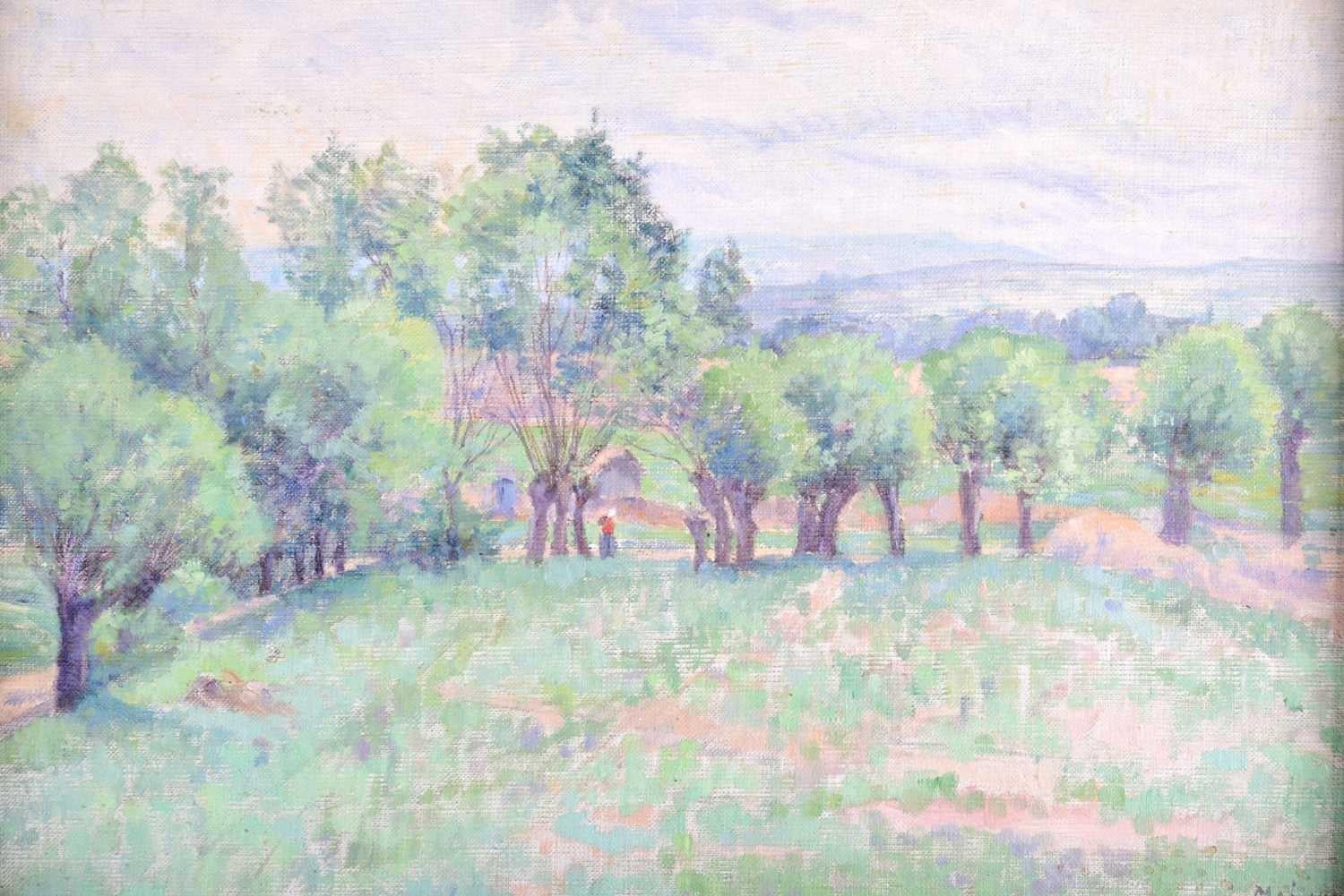 Peinture à l'huile impressionniste française des années 1890, Lady Walking Country Landscape Fields - Painting de (follower of) Camille Pissarro