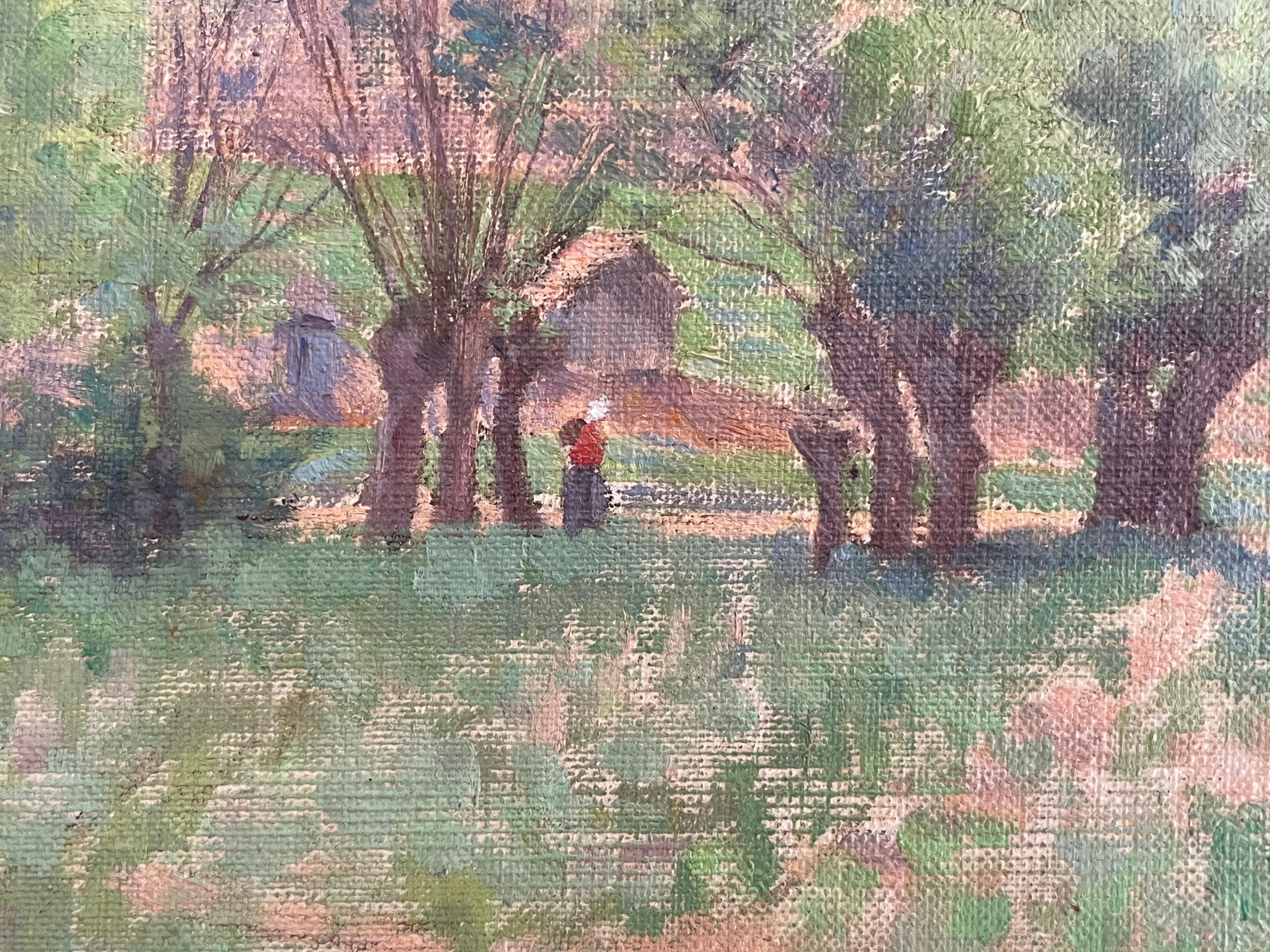 Französisches impressionistisches Ölgemälde der 1890er Jahre, Lady Walking Country Landscape Fields, Französisch im Angebot 1