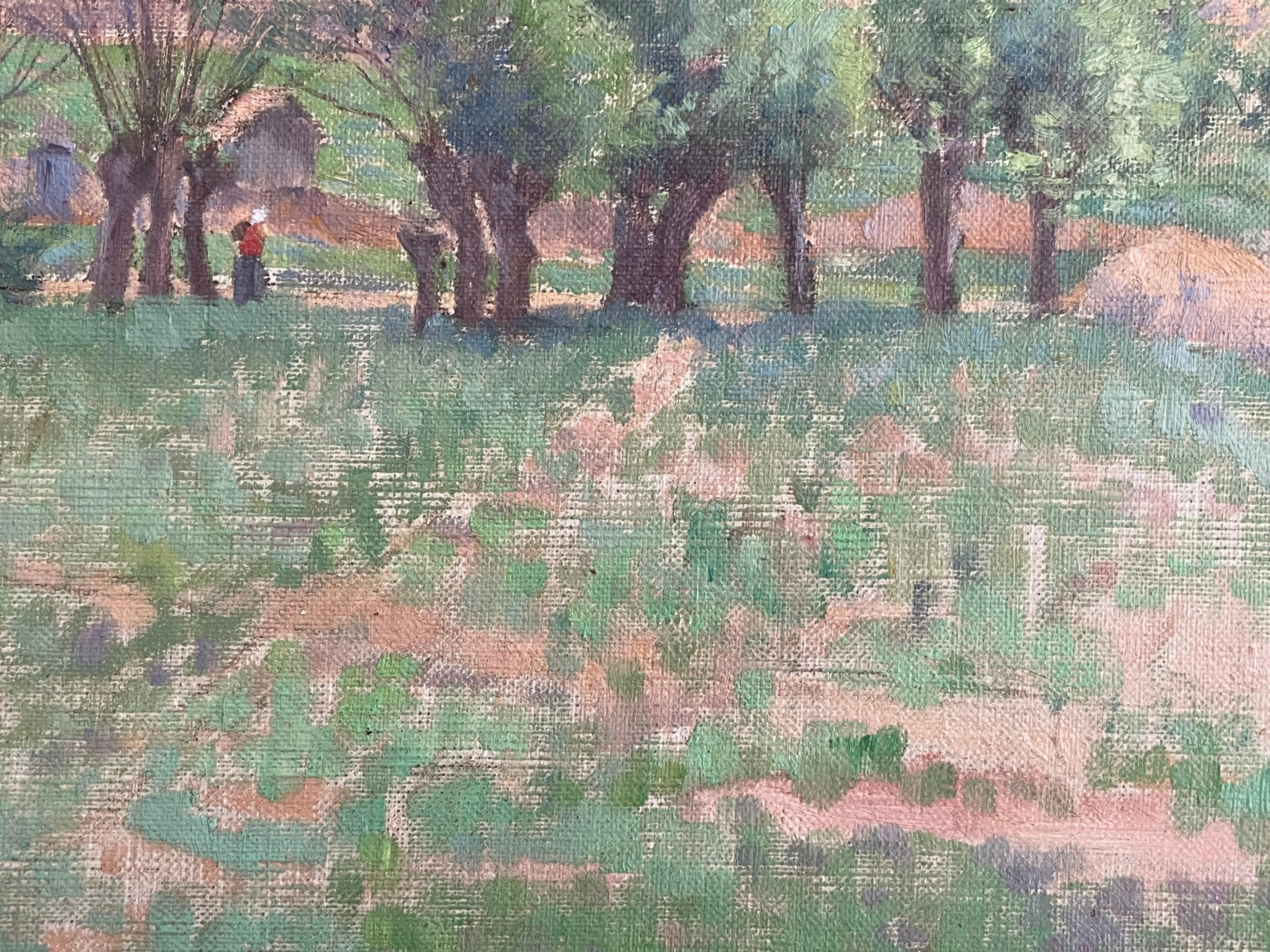 Peinture à l'huile impressionniste française des années 1890, Lady Walking Country Landscape Fields en vente 2