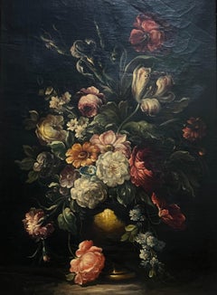 Antique Oil Elegant Floral Still Life with Vibrant Blooms in a Golden Vase