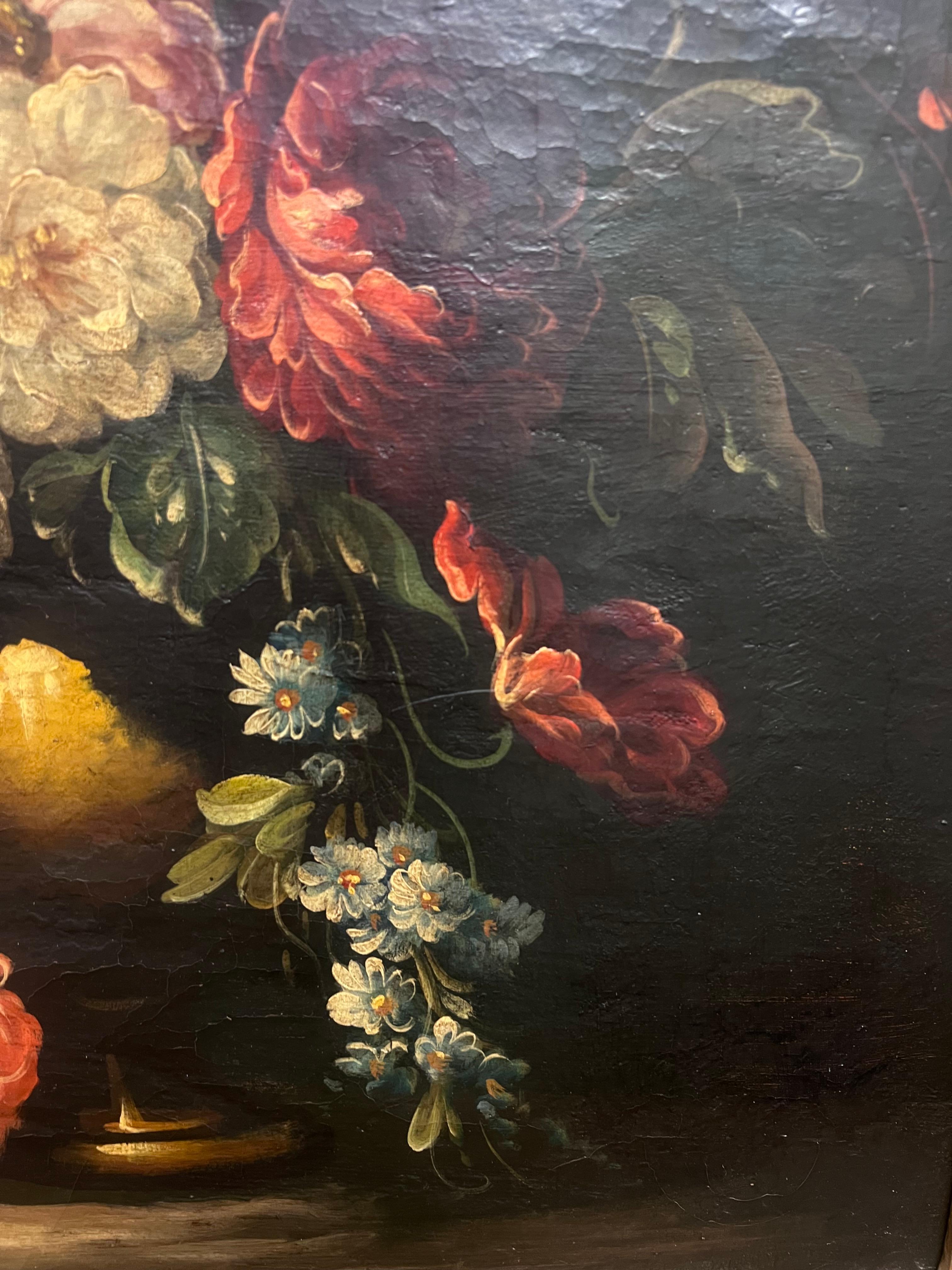 Antique Oil Elegant Floral Still Life with Vibrant Blooms in a Golden Vase For Sale 1