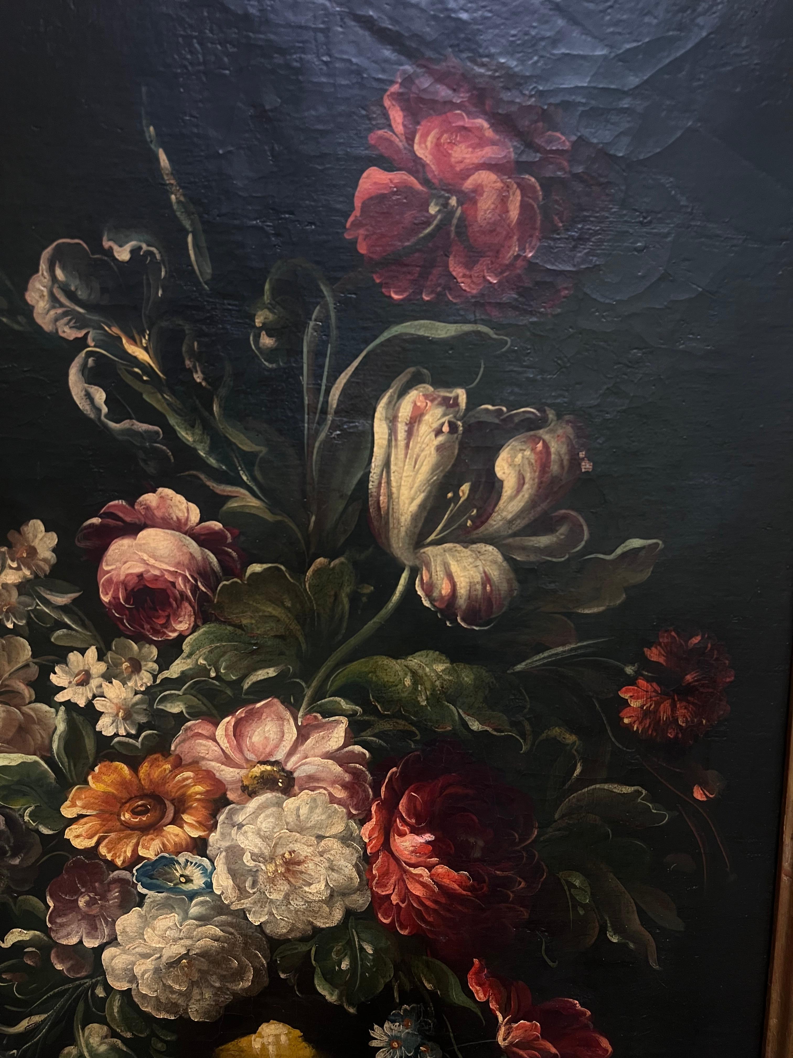 Antique Oil Elegant Floral Still Life with Vibrant Blooms in a Golden Vase For Sale 2