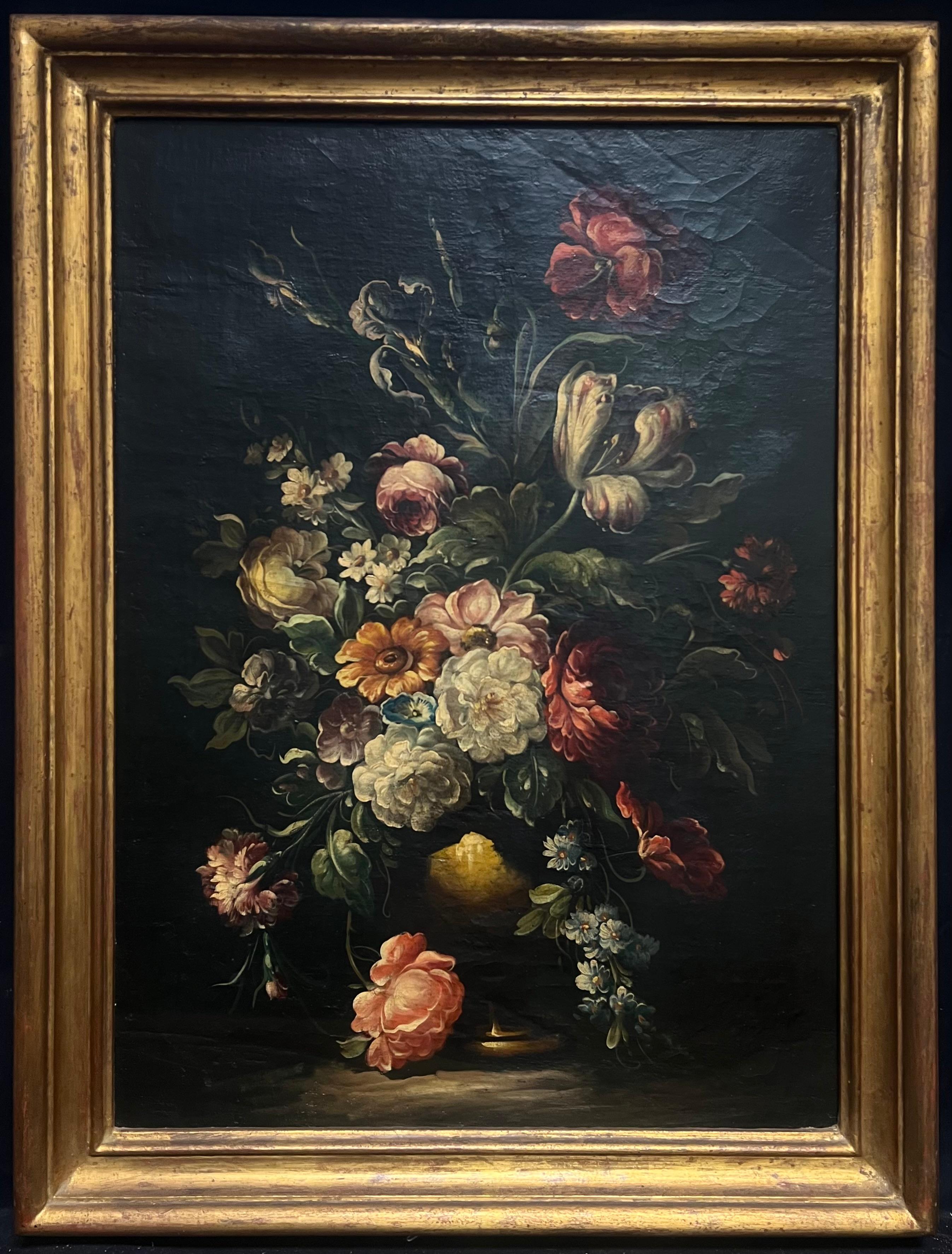 follower of Clara Peeters (Flemish, fl. 1607–1621) Still-Life Painting - Antique Oil Elegant Floral Still Life with Vibrant Blooms in a Golden Vase