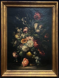 Antique Oil Elegant Floral Still Life with Vibrant Blooms in a Golden Vase