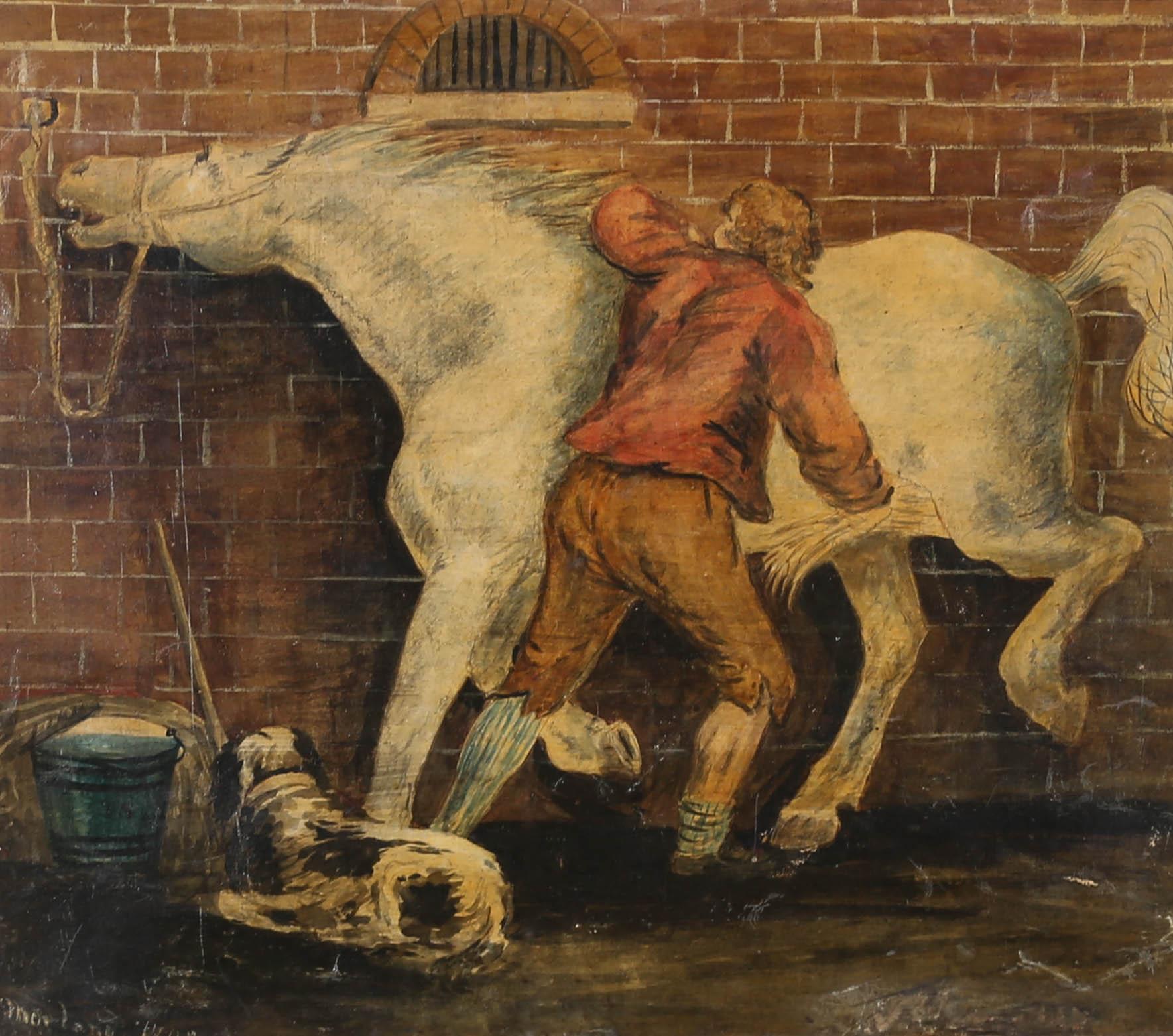 A dramatic stable interior scene in watercolour, showing a man hurriedly grooming a distressed horse. The scene is typical of George Morland's subject matter and style. The artist has inscribed 