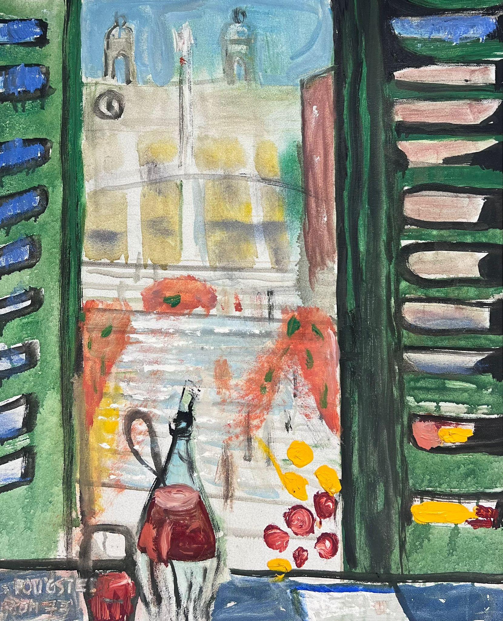 Persiane verdi Vista dalla finestra Vista sui tetti Olio francese del XX secolo - Painting di follower of Henri Matisse
