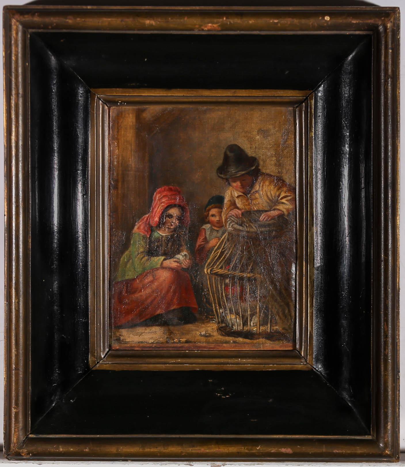 This charming scene takes inspiration from the works of Henry Charles Bryant who was renowned for his farmyard and market compositions. The painting depicts three children around a cage of doves. They have taken one bird outer of the cage to gently