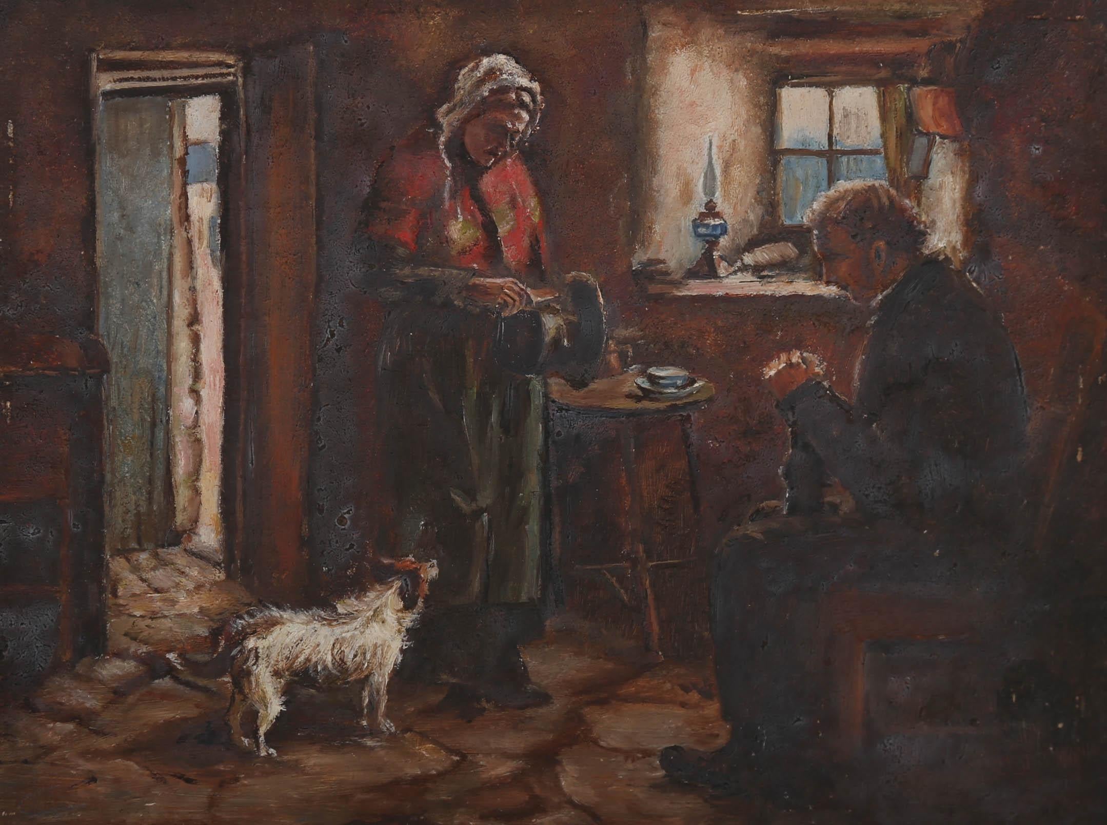 An atmospheric interior study depicting an old woman tending to her visitor. She stands in the corner of the room with her head down whilst holding he gives her some news. A small dog stands beside her. Unsigned. On board.