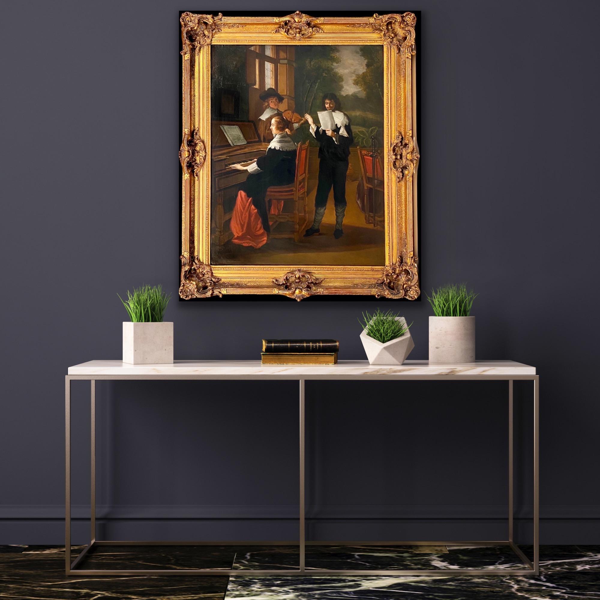 Huge 17th century dutch old master style painting - The Concert - Music Piano - Painting by Follower of Jan Vermeer 