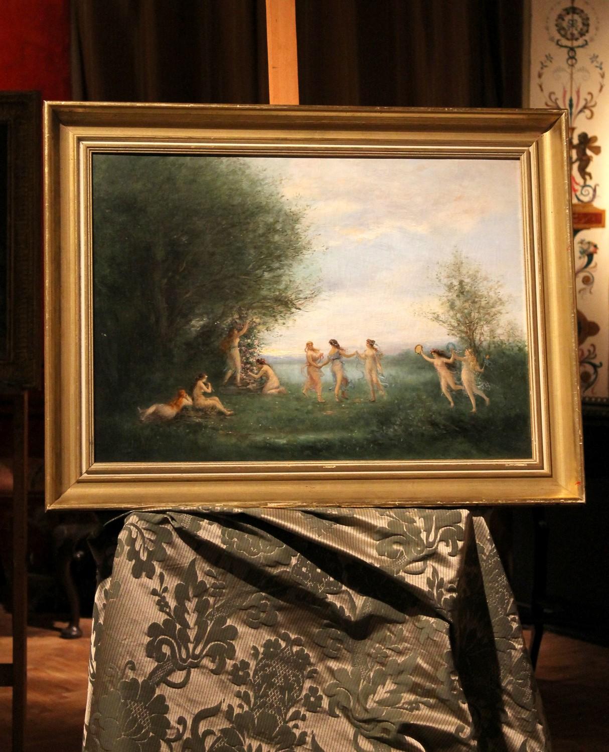 Antikes Ölgemälde auf Leinwand, Gemälde „Dancing Nymphs“, mythologische Landschaftssssszene, Öl  5