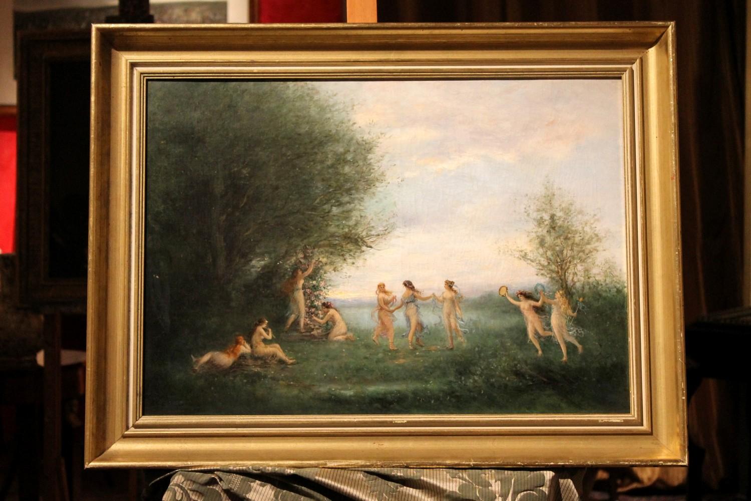 Antikes Ölgemälde auf Leinwand, Gemälde „Dancing Nymphs“, mythologische Landschaftssssszene, Öl  6