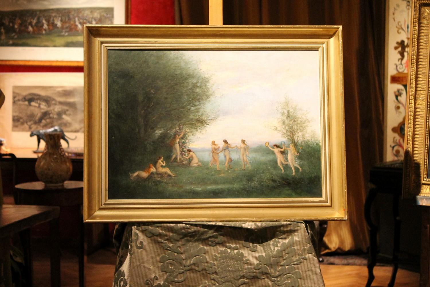 Antikes Ölgemälde auf Leinwand, Gemälde „Dancing Nymphs“, mythologische Landschaftssssszene, Öl  – Painting von Unknown