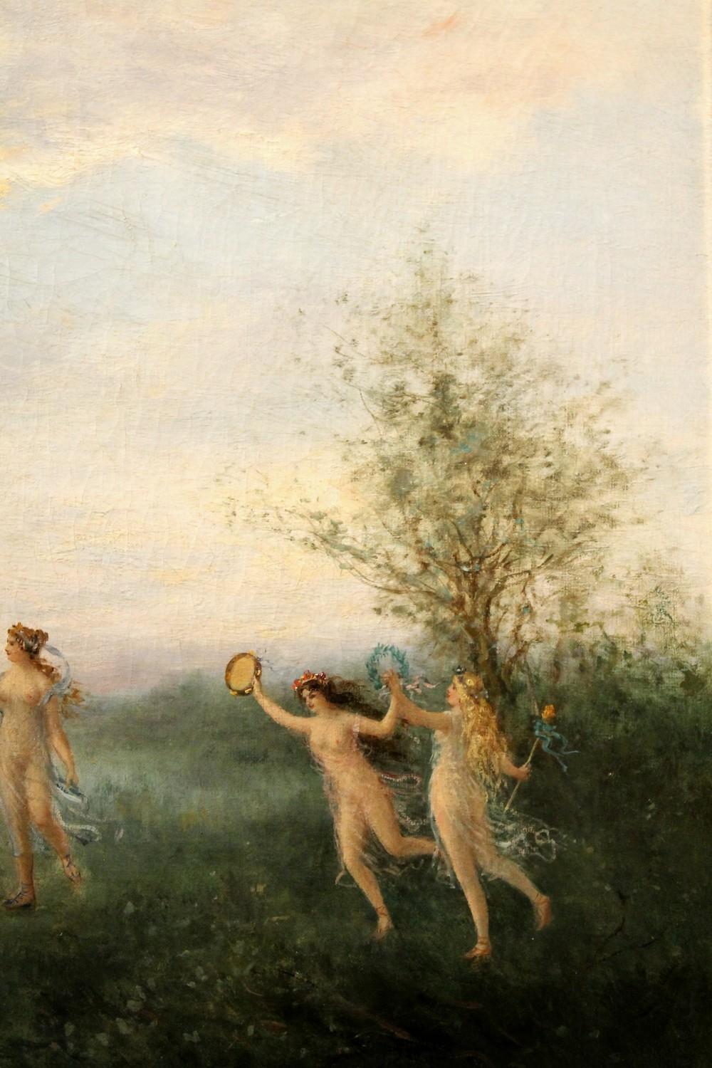 Antikes Ölgemälde auf Leinwand, Gemälde „Dancing Nymphs“, mythologische Landschaftssssszene, Öl  (Schule von Barbizon), Painting, von Unknown