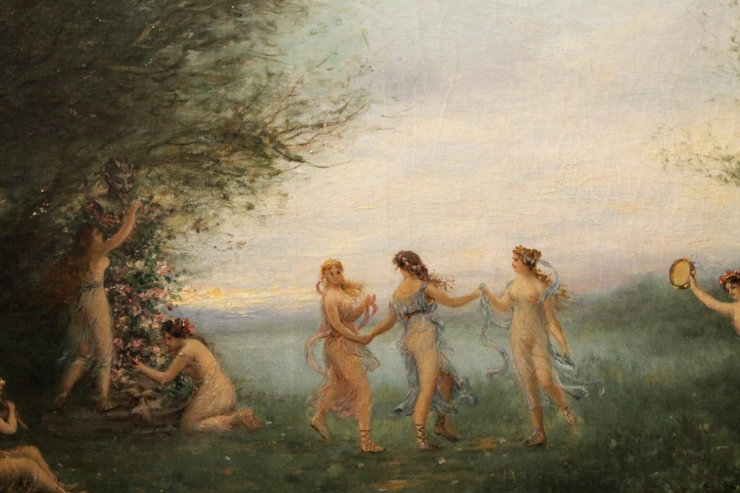 Antikes Ölgemälde auf Leinwand, Gemälde „Dancing Nymphs“, mythologische Landschaftssssszene, Öl  (Braun), Nude Painting, von Unknown
