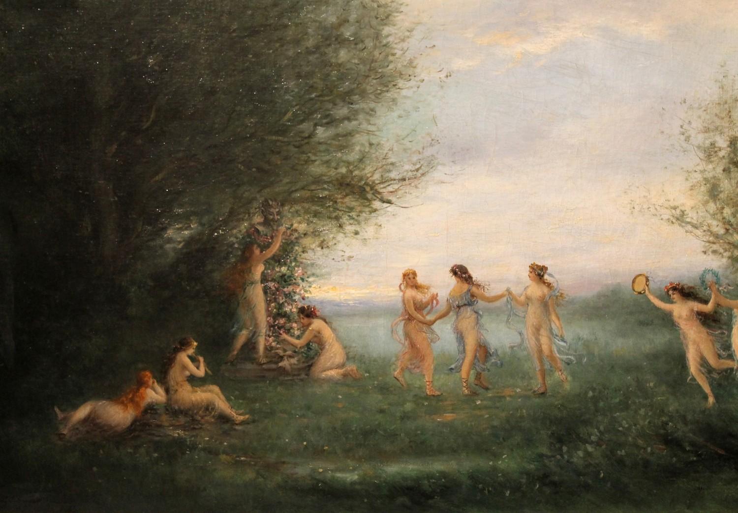 Antikes Ölgemälde auf Leinwand, Gemälde „Dancing Nymphs“, mythologische Landschaftssssszene, Öl  2