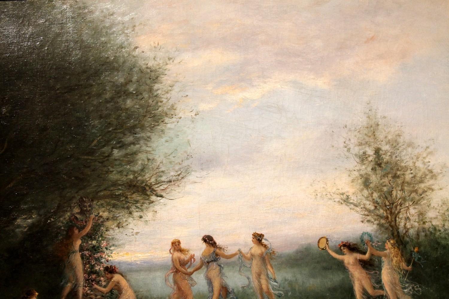 Antikes Ölgemälde auf Leinwand, Gemälde „Dancing Nymphs“, mythologische Landschaftssssszene, Öl  3