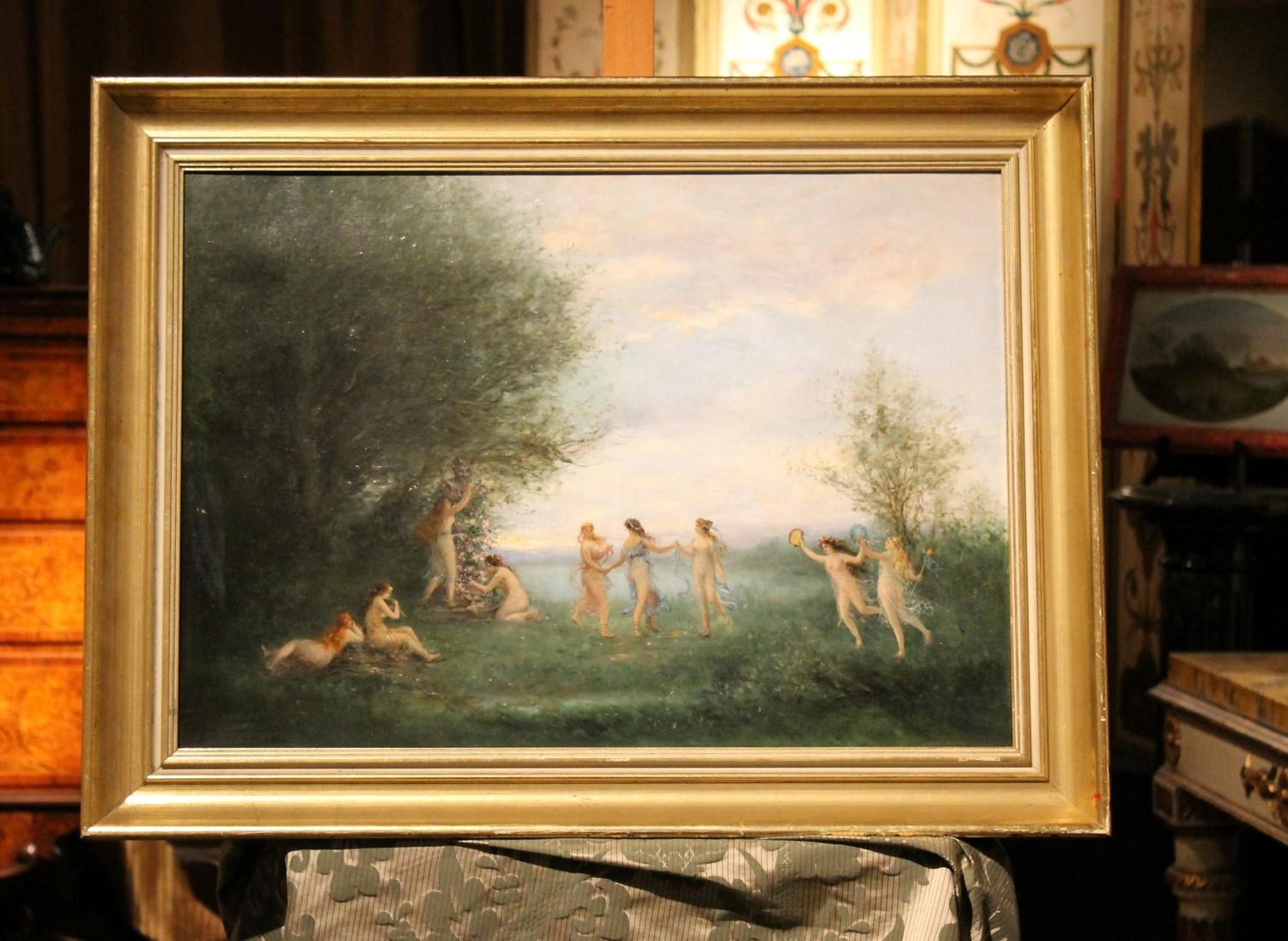 Antikes Ölgemälde auf Leinwand, Gemälde „Dancing Nymphs“, mythologische Landschaftssssszene, Öl  4
