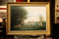 Antique Oil on Canvas Painting "Dancing Nymphs" Mythological Landscape Scene