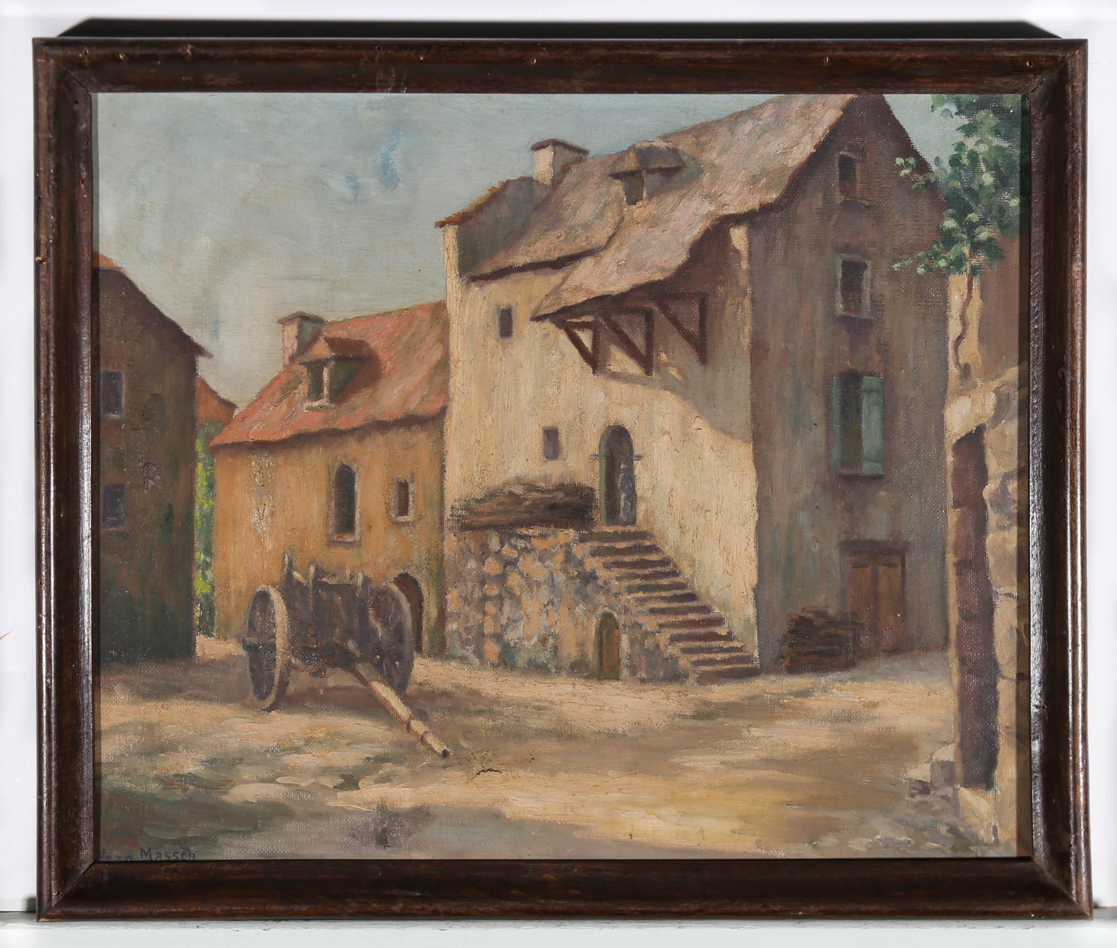 Follower of Jean Masson (1900-1988) - Framed Oil, Square in Sainte Eulalie For Sale 4
