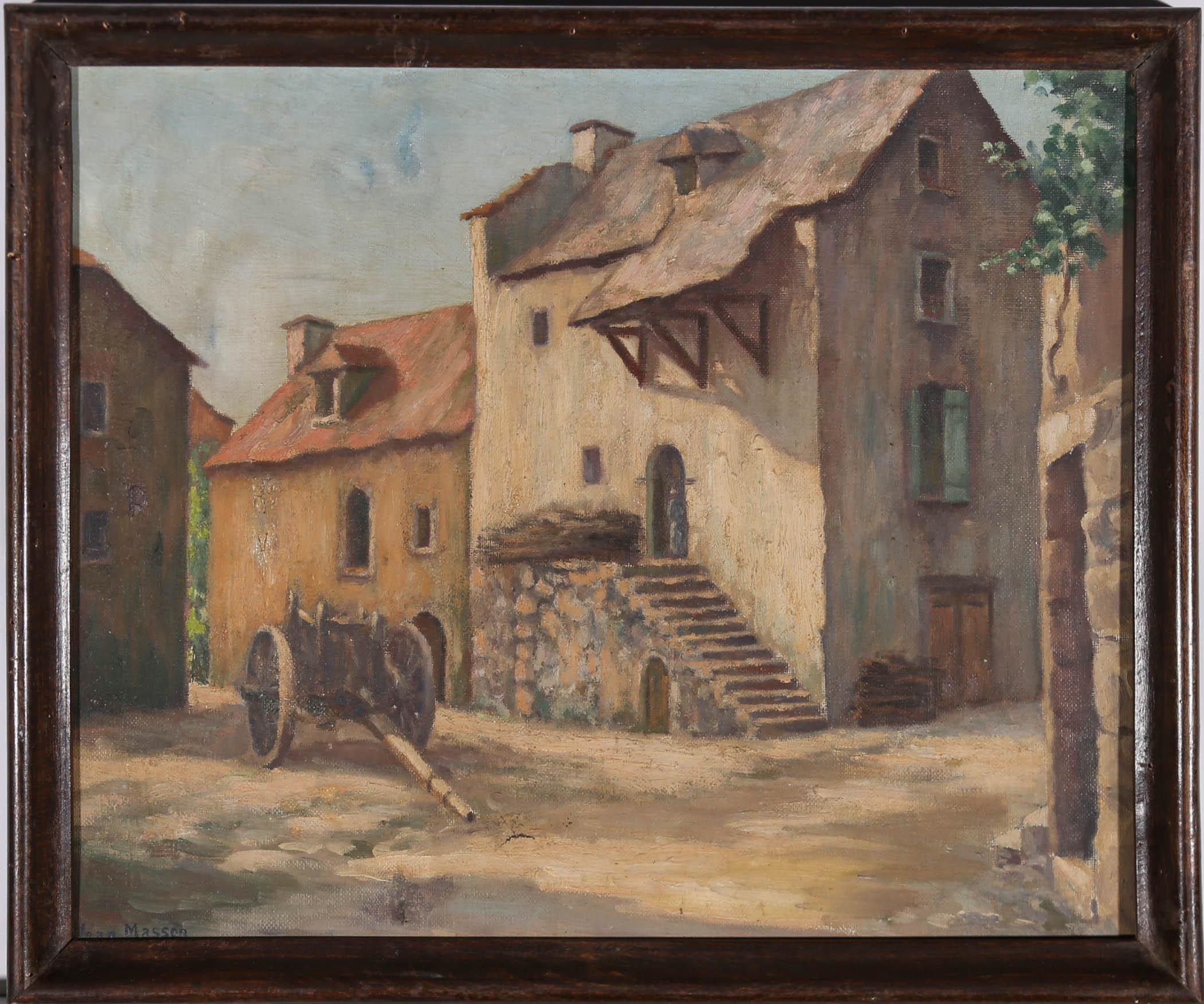 This intriguing architectural painting depicts a view of a French mill house from across a quiet square in Sainte Eulalie. The artist has signed to the lower left-hand corner, and the painting is beautifully presented in a simple dark wood frame.