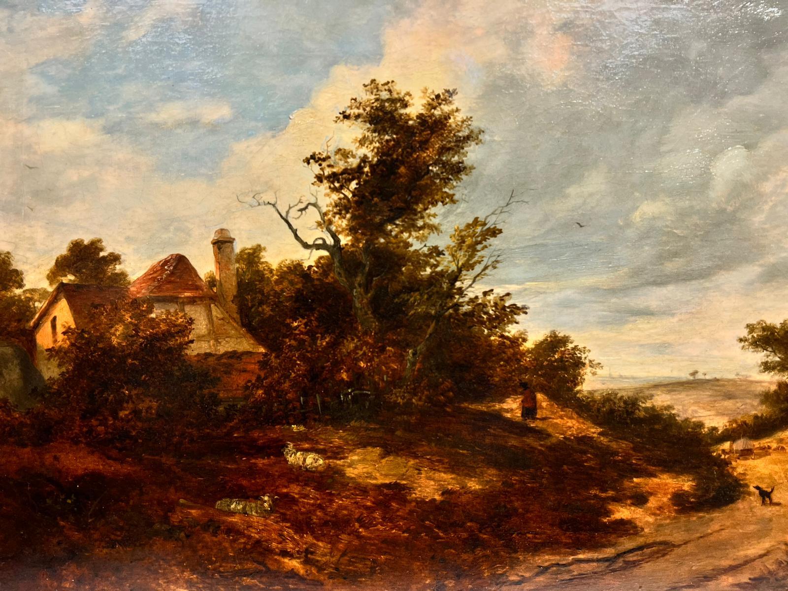 Fine 1830s English Rural Landscape Large Oil Painting Figures with Dog & Cottage For Sale 2