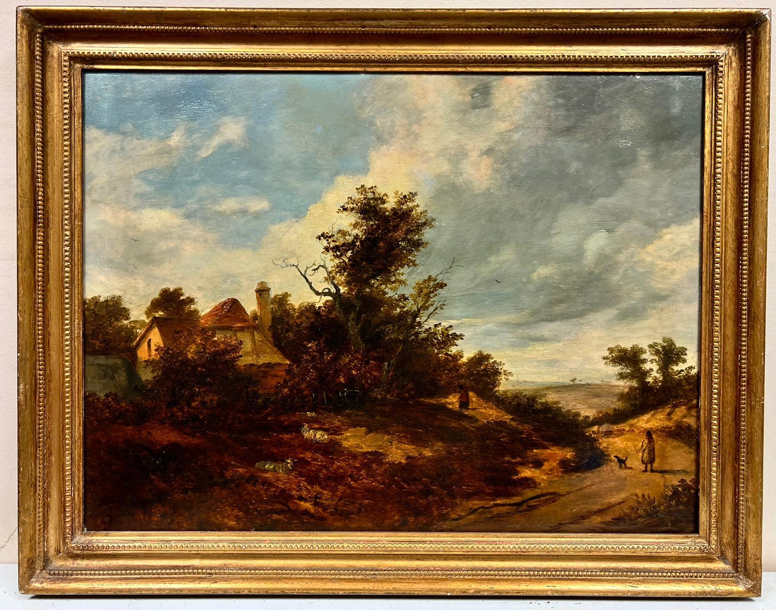 Follower of John Constable Figurative Painting - Fine 1830s English Rural Landscape Large Oil Painting Figures with Dog & Cottage