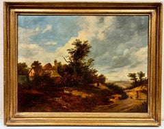 Antique Fine 1830s English Rural Landscape Large Oil Painting Figures with Dog & Cottage
